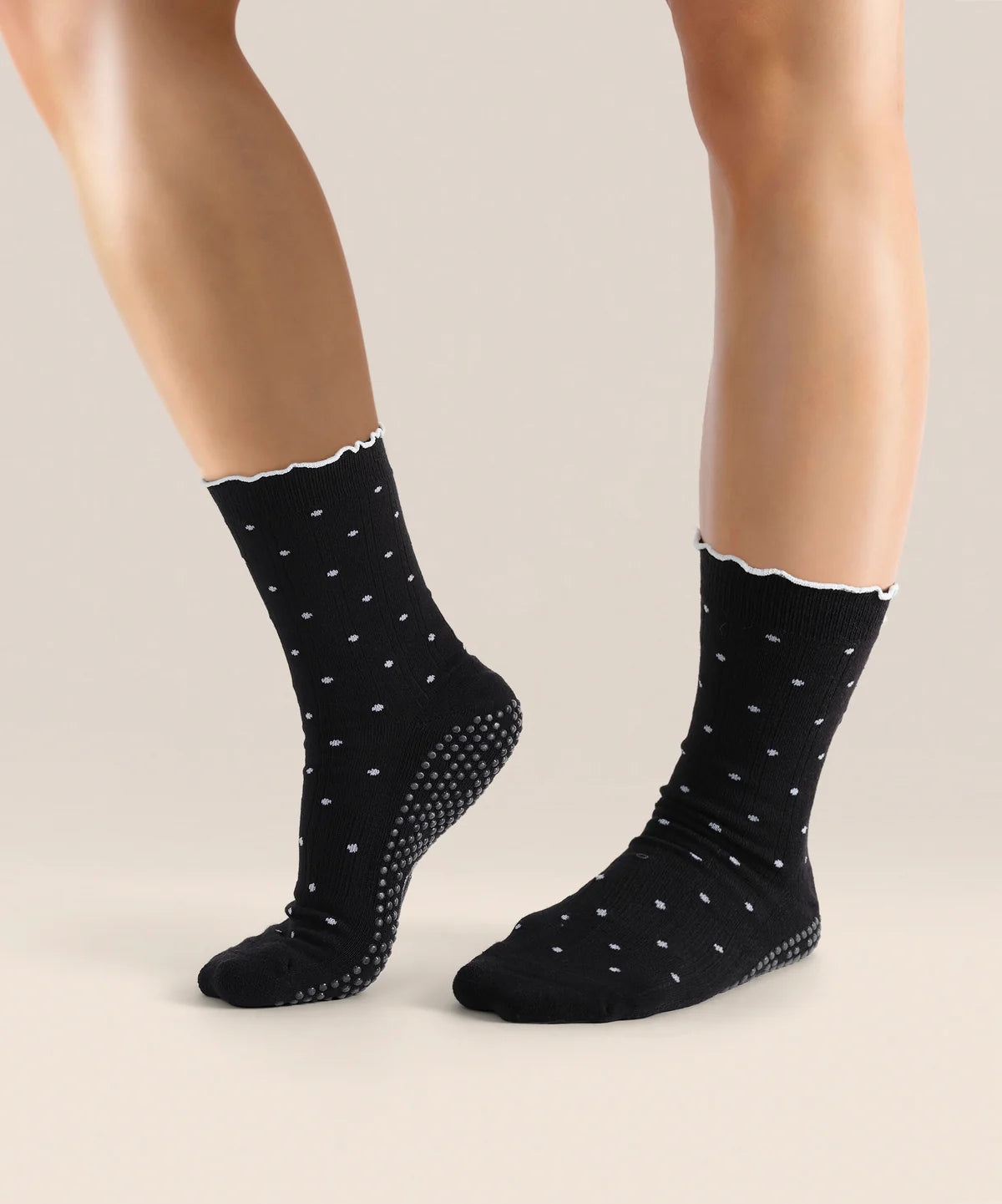 Crew Non Slip Grip Socks - Black Polka Ruffle
