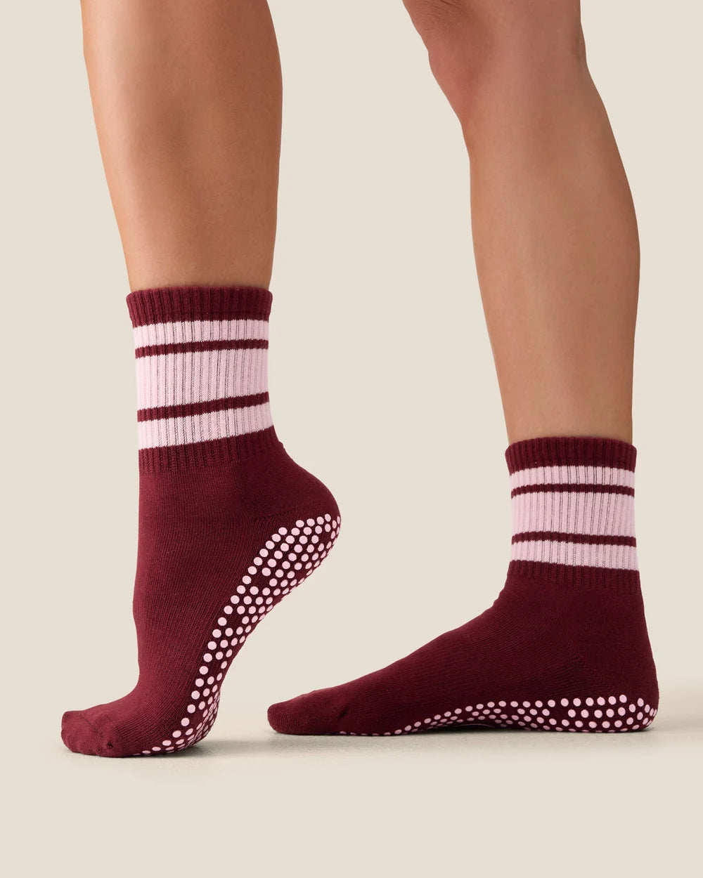 [MoveActive] Crew Non Slip Grip Socks - Cabernet Pink Stripe