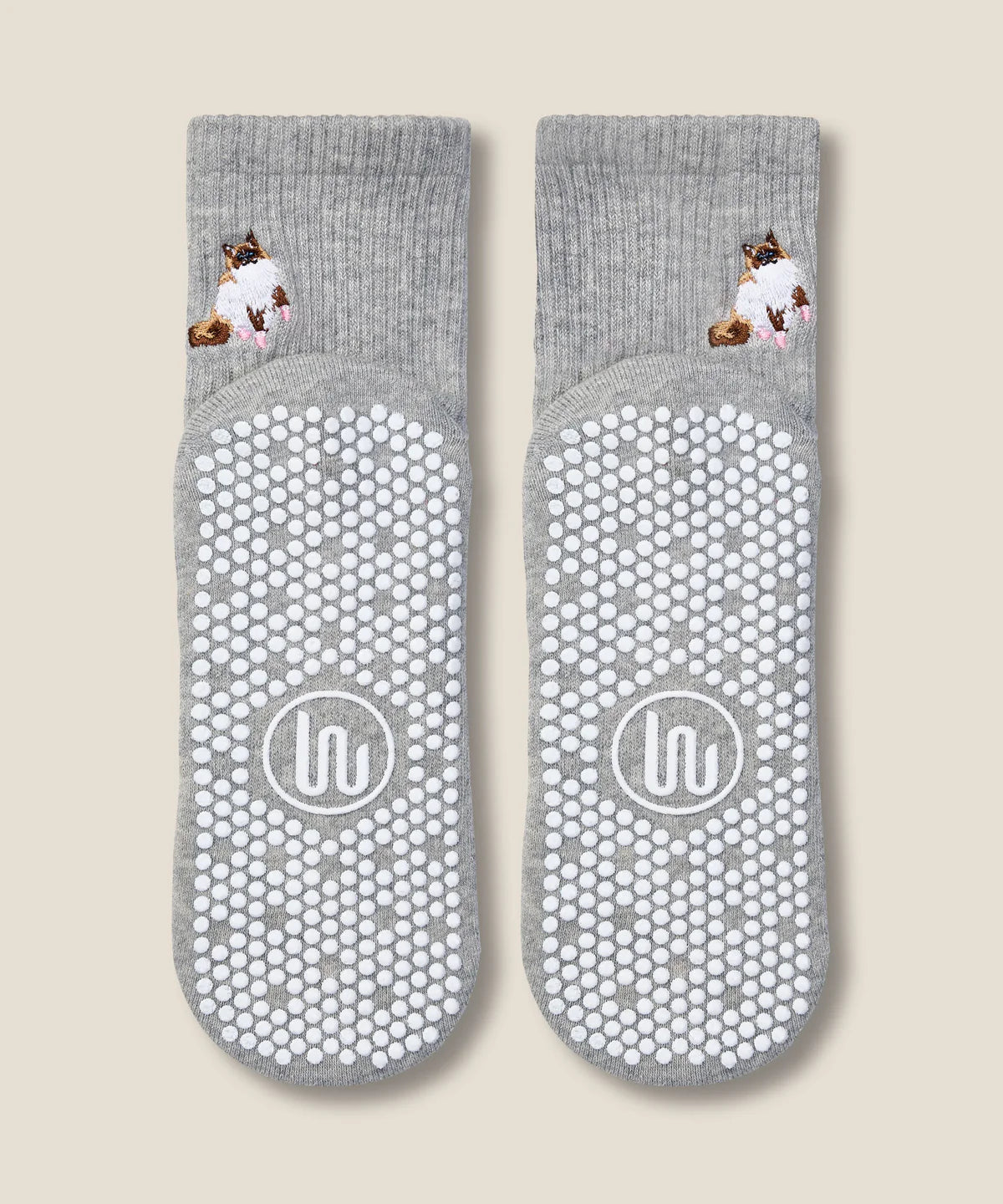 Crew Non Slip Grip Socks - Ginger Cat Grey Marle