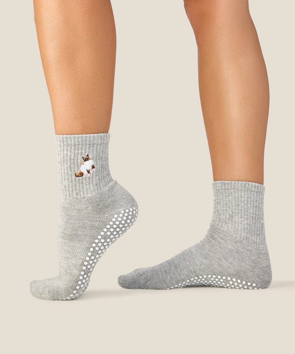 Crew Non Slip Grip Socks - Ginger Cat Grey Marle