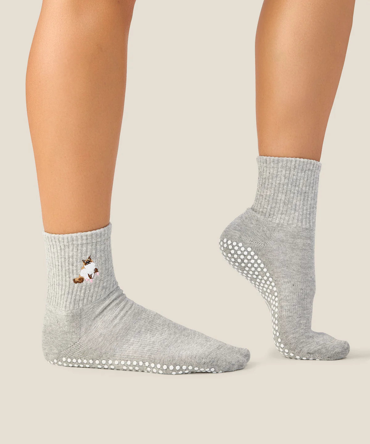 Crew Non Slip Grip Socks - Ginger Cat Grey Marle
