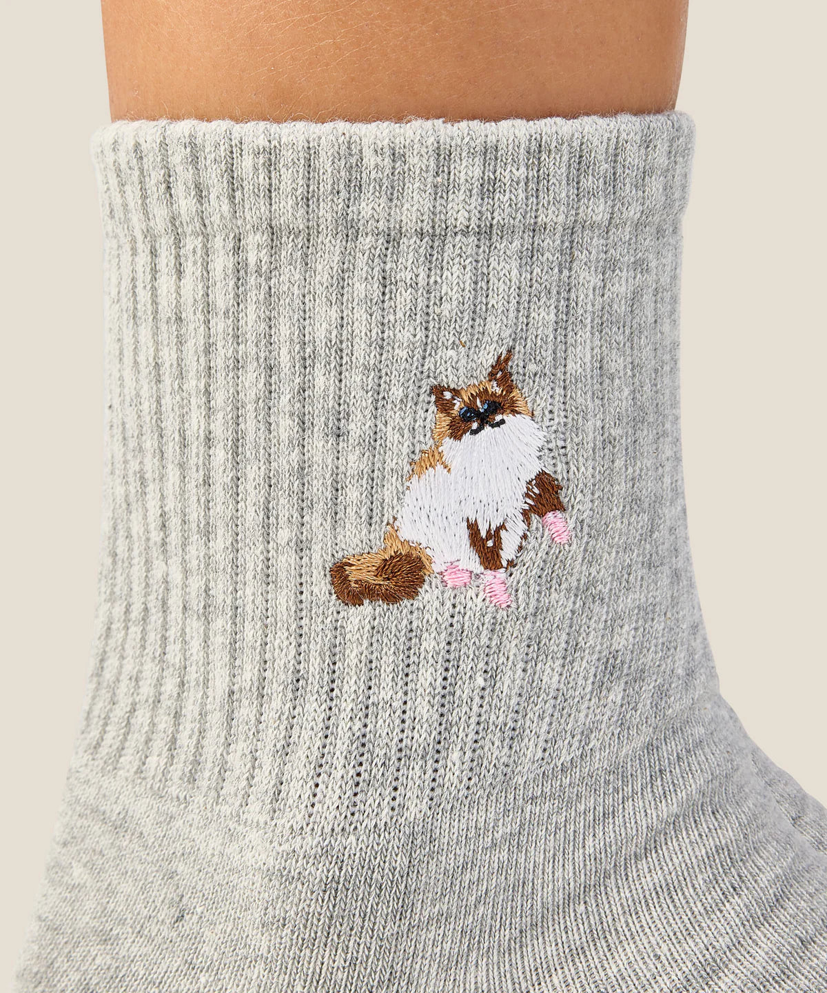 Crew Non Slip Grip Socks - Ginger Cat Grey Marle