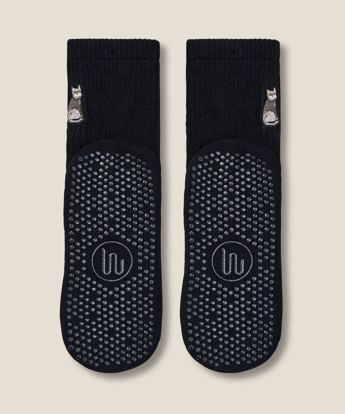 Crew Non Slip Grip Socks - Grey Cat Black