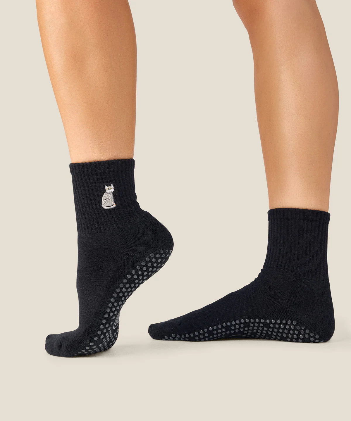 Crew Non Slip Grip Socks - Grey Cat Black