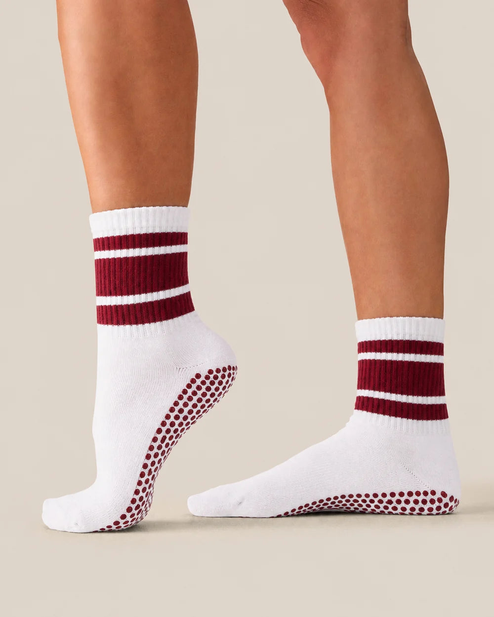 [MoveActive] Crew Non Slip Grip Socks - White Cabernet Stripe