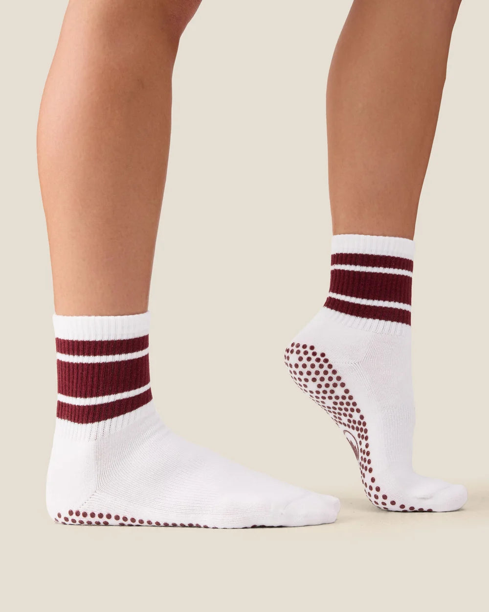 [MoveActive] Crew Non Slip Grip Socks - White Cabernet Stripe