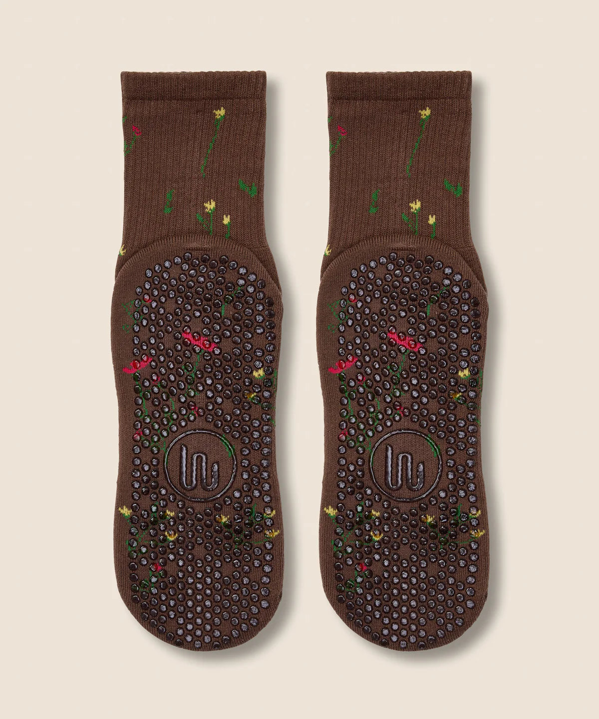 Crew Non Slip Grip Socks - Wildflower Brown