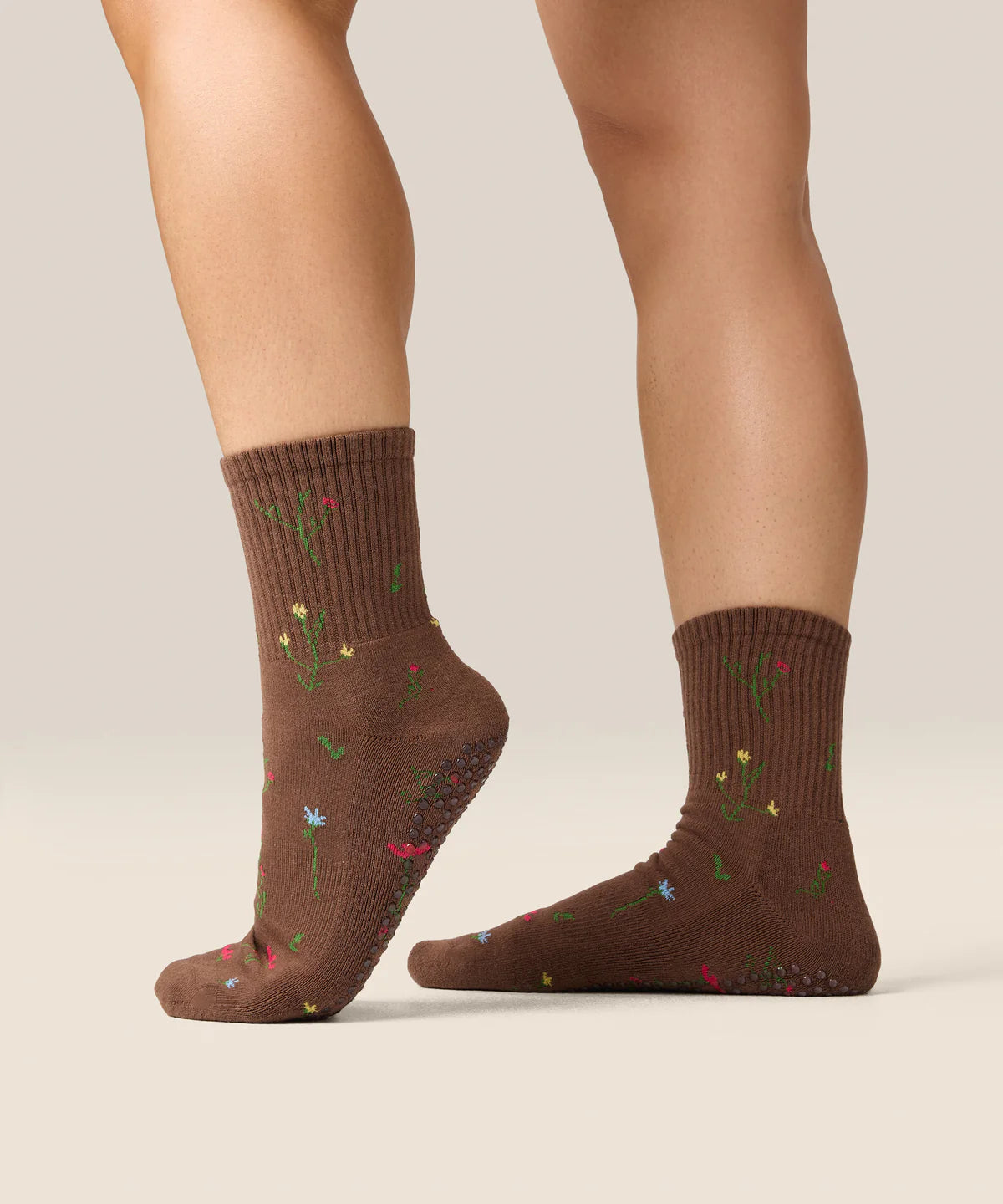 Crew Non Slip Grip Socks - Wildflower Brown