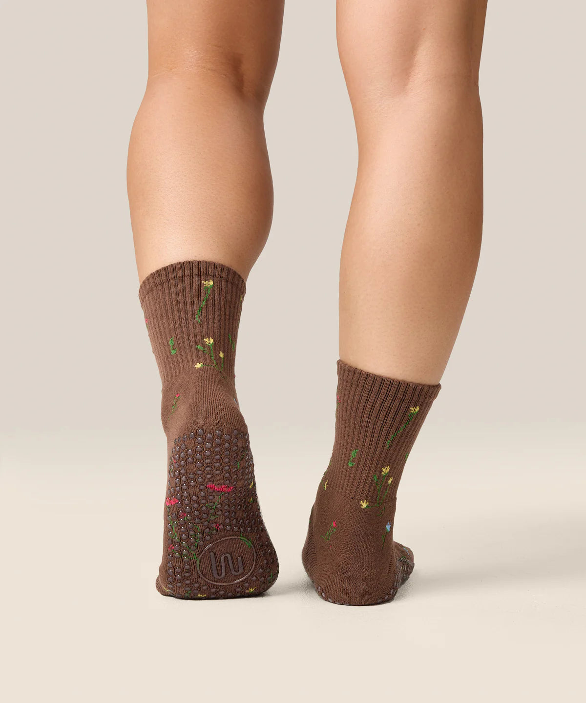 Crew Non Slip Grip Socks - Wildflower Brown