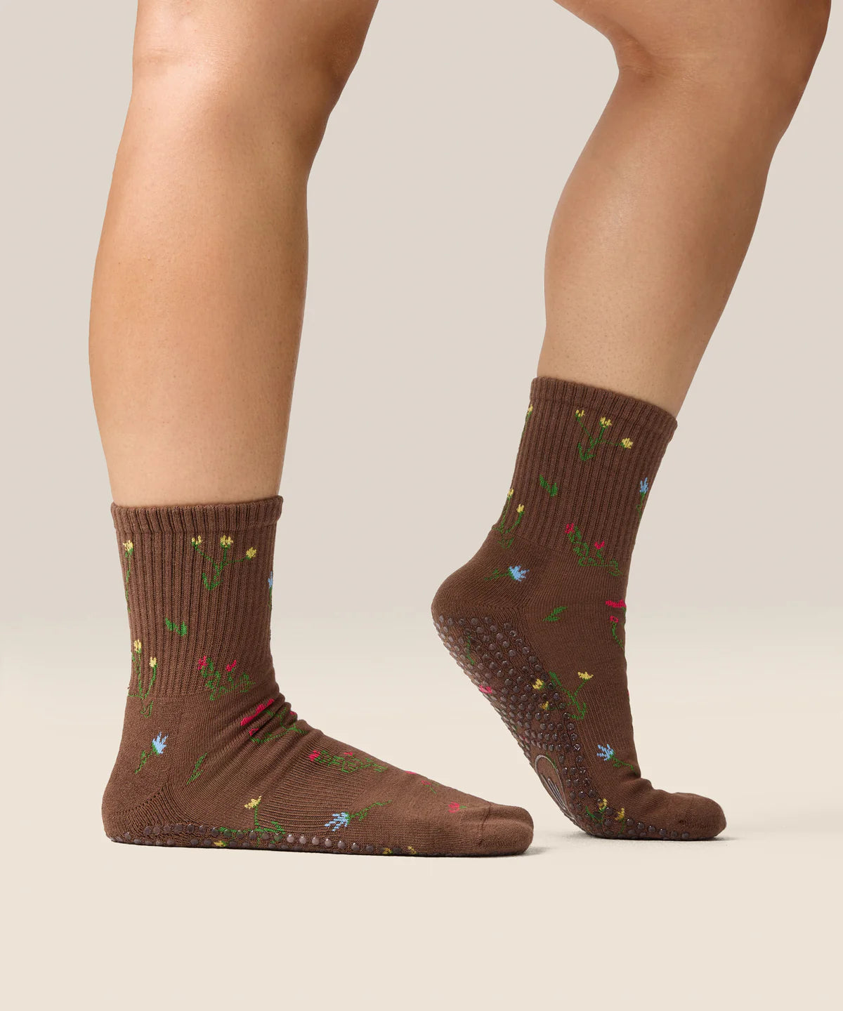 Crew Non Slip Grip Socks - Wildflower Brown