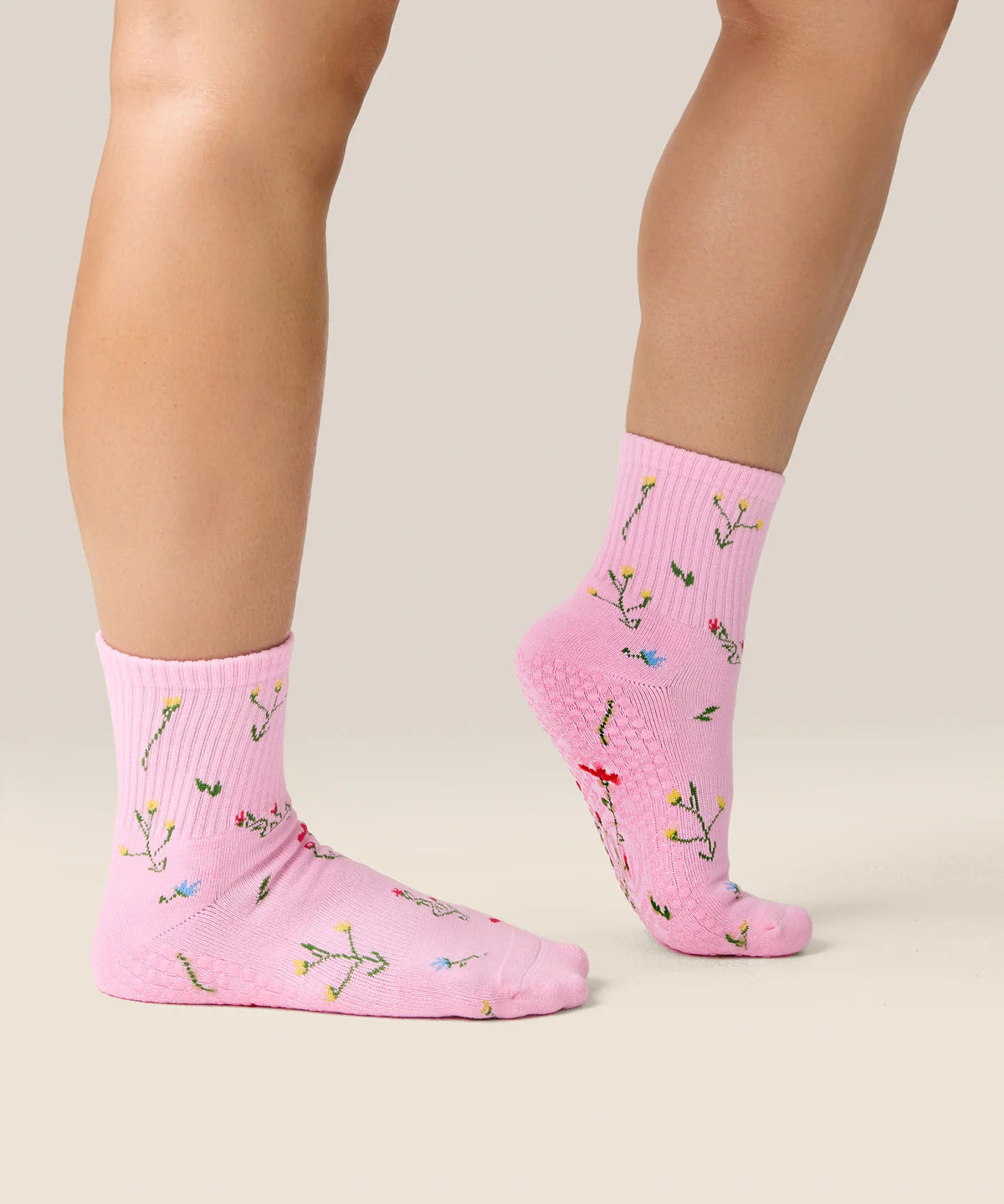Crew Non Slip Grip Socks - Wildflower Pink