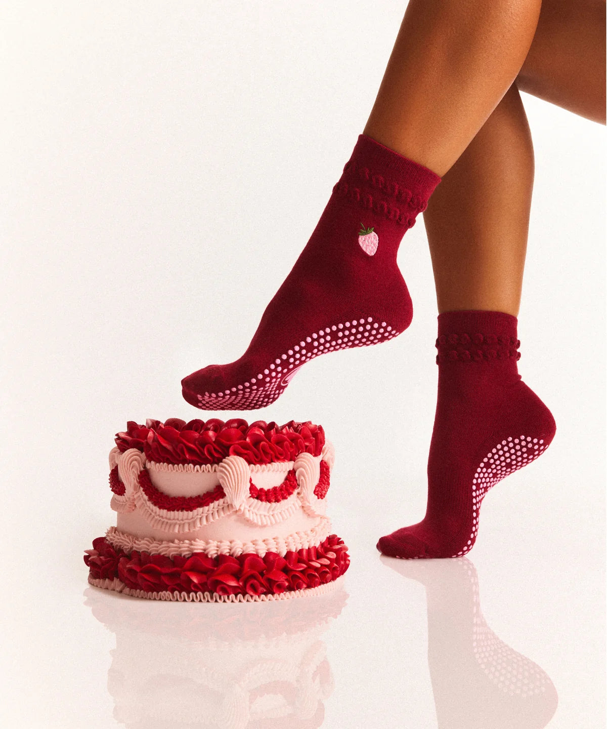 [MoveActive] Crew Non Slip Grip Socks - Strawberry Ruffle Ruby