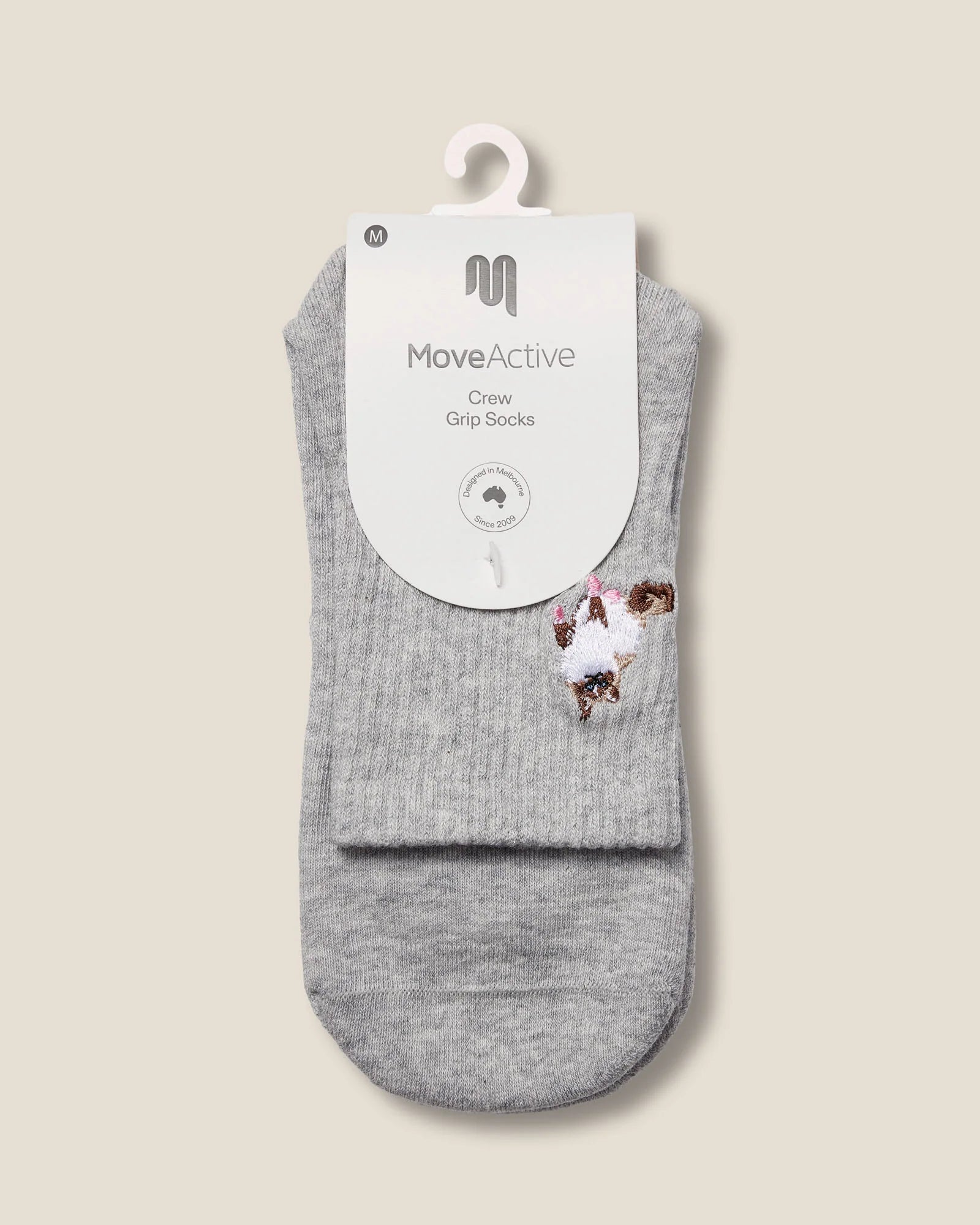 Crew Non Slip Grip Socks - Ginger Cat Grey Marle