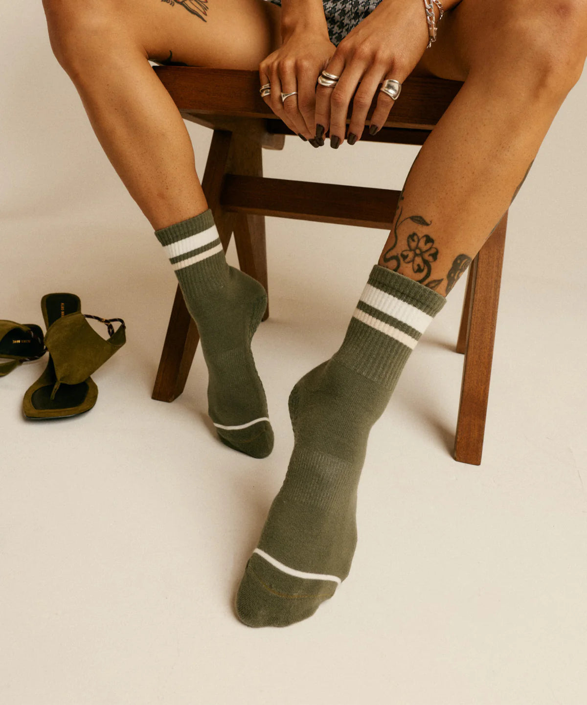 Crew Non Slip Grip Socks - Varsity Stripe Khaki